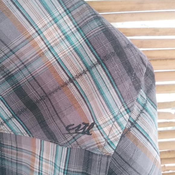 Coastal XXL Mens Tan Turquoise Plaid Snap Western Shirt - Picture 4 of 9